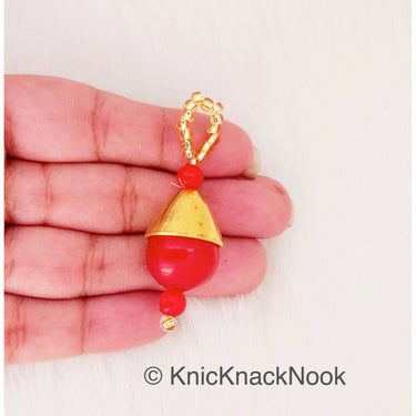 Red Bead Tassels Latkan, Indian Antique Distressed Latkans, Gold Beaded Danglers